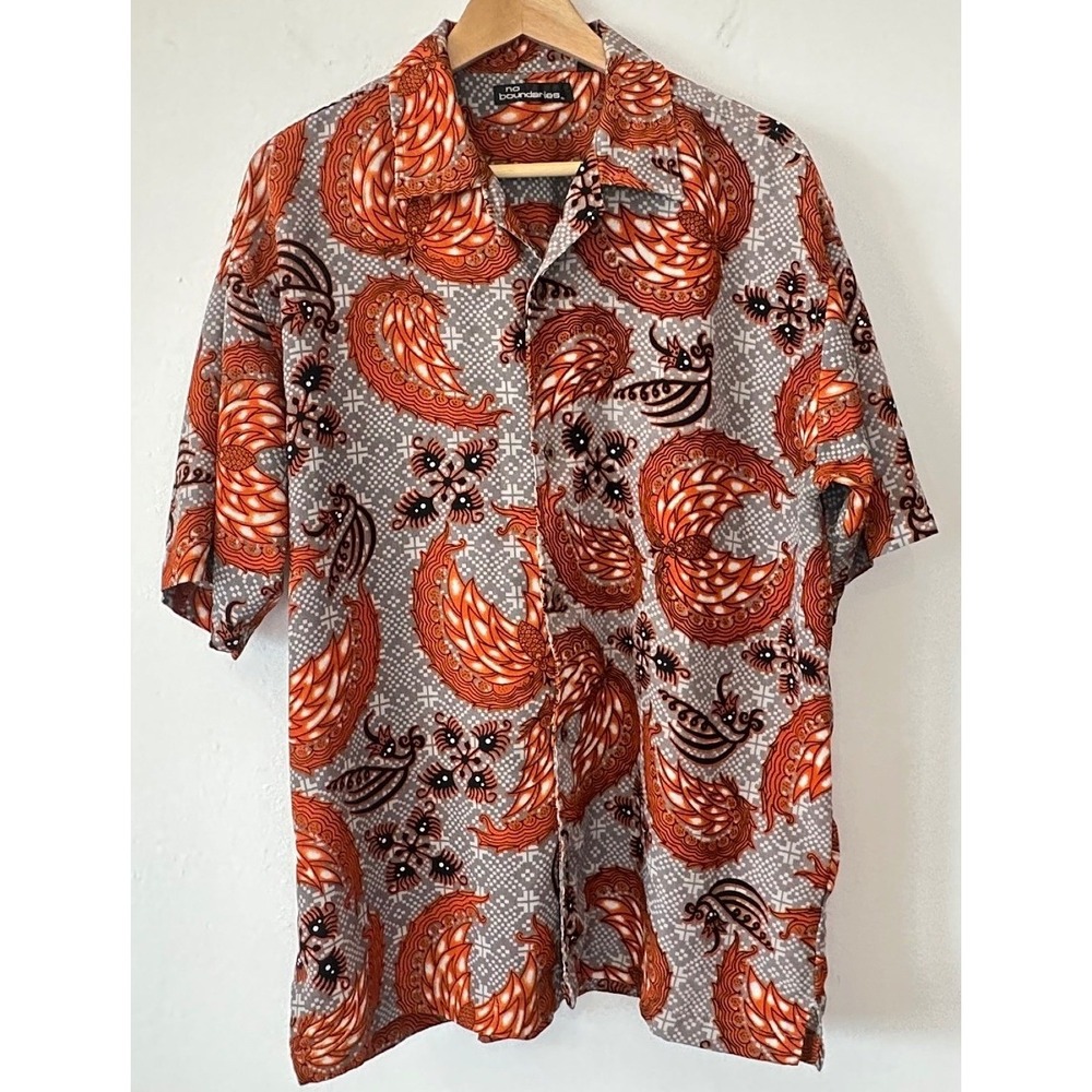 No Boundaries Mens Medium Orange Grey Batik Phoenix Print Button Down Shirt